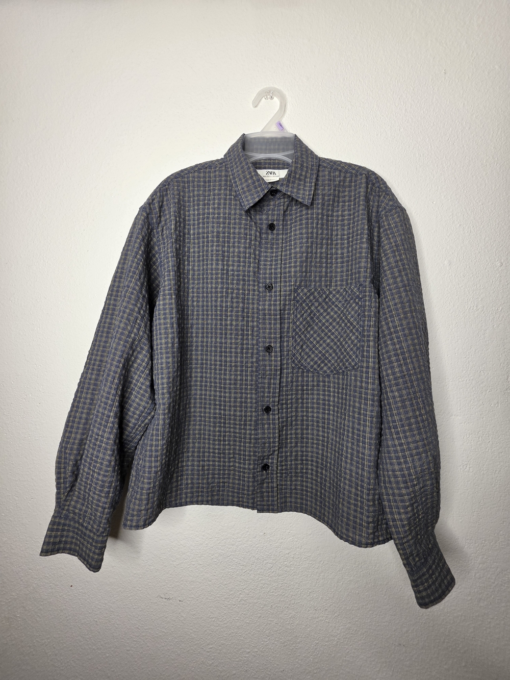 Zara Man Seoul Edition Mens S Blue Yellow Check Long Sleeve Point Collar Pocket